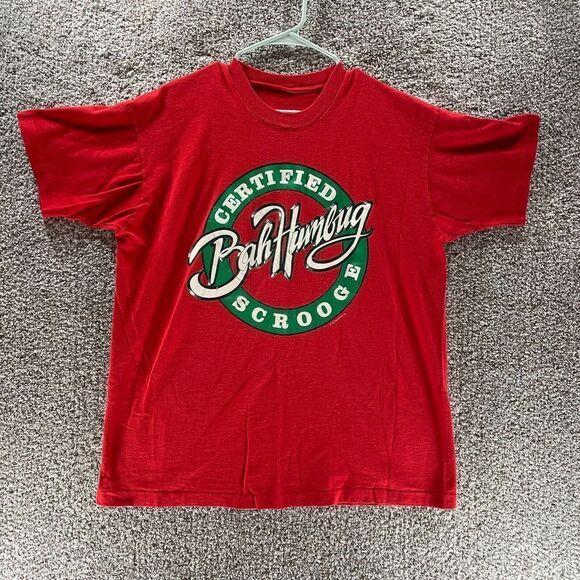 Vintage Scrooge Shirt Mens Extra Large Red Certified Bah Humbug Singe Stitch 90s - Picture 1 of 8